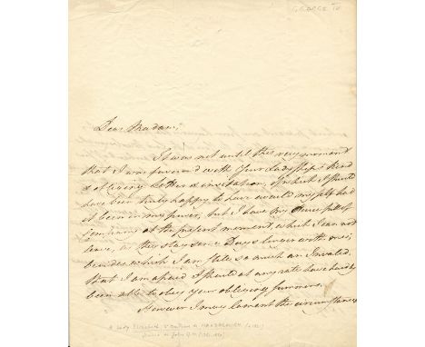 GEORGE IV: (1762-1830) King of the United Kingdom 1820-30. A.L.S., George P, as Prince of Wales, two pages, 4to, Brighton, 28