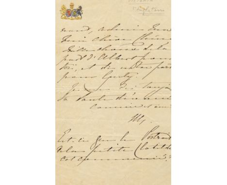 VICTORIA: (1819-1901) Queen of the United Kingdom Great Britain & Ireland 1837-1901. Final page of an A.L.S., with her initia