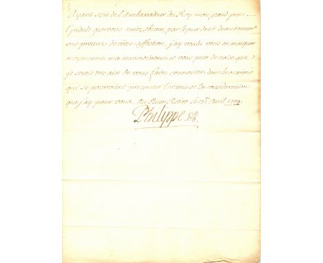 PHILIP V: (1683-1746) King of Spain 1700-46. L.S., Philippe, one page, 8vo, Buen Retiro, 17th April 1709, to Count Pontchartr