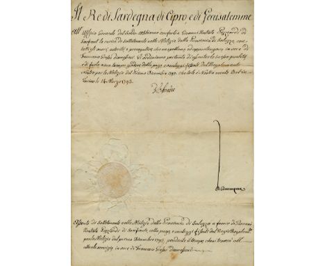 VICTOR AMADEUS III: (1726-1796) King of Sardinia 1773-96. D.S., V. Amedeo, one page, folio, Torino, 14th March 1793, in Itali