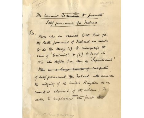 IRELAND: Manuscript draft, unsigned, in the hand of James Bryce, with various corrections, three pages, 4to, n.p. (London), n
