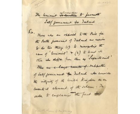 IRELAND: Manuscript draft, unsigned, in the hand of James Bryce, with various corrections, three pages, 4to, n.p. (London), n