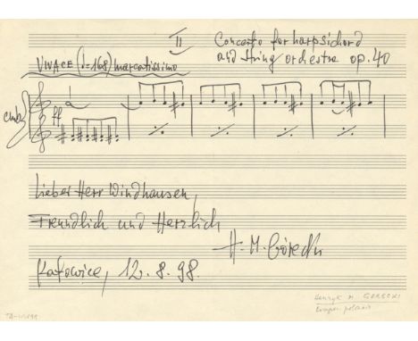 GORECKI HENRYK: (1933-2010) Polish Composer. A.M.Q.S., H. M. Gorecki, one page, oblong 8vo (manuscript paper), Katowice, 12th