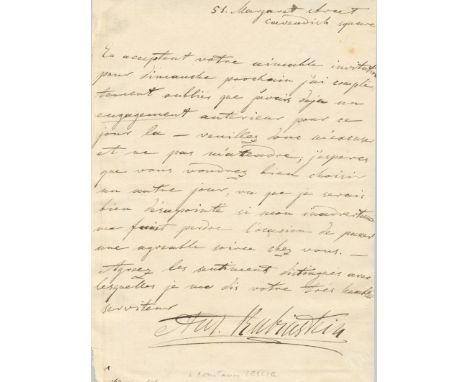 RUBINSTEIN ANTON: (1829-1894) Russian Pianist, Composer and Conductor. A.L.S., Ant. Rubinstein, one page, 8vo, [Margaret Stre