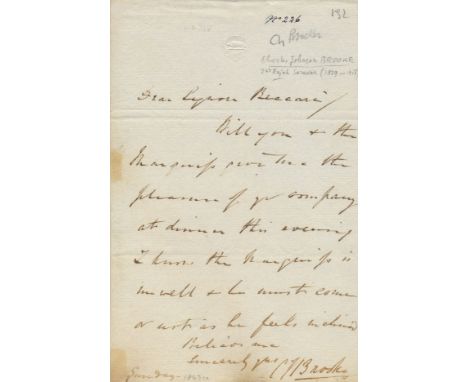 BROOKE CHARLES: (1829-1917) Rajah of Sarawak 1868-1917. A.L.S., C J Brooke, one page, 8vo, n.p., n.d. ('Sunday'), to Signor B