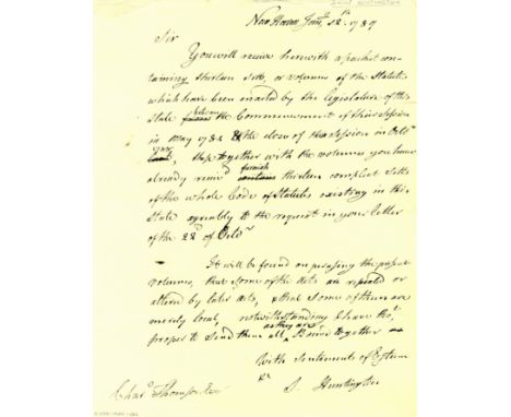 HUNTINGTON SAMUEL: (1731-1796) American Jurist & Statesman, a Signer of the Declaration of Independence. A.L.S., S. Huntingto