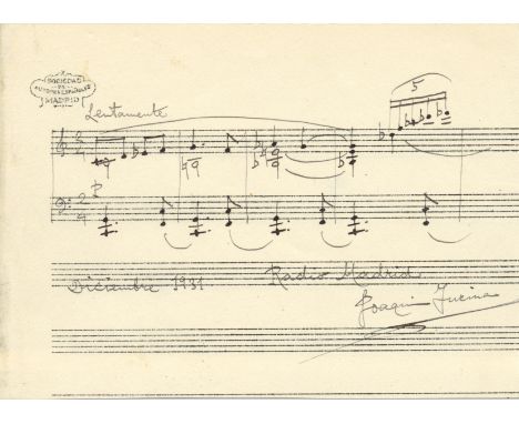 TURINA JOAQUIN: (1882-1949) Spanish Composer. A.M.Q.S., Joaquin Turina, one page, oblong 12mo (manuscript paper), n.p. (Madri