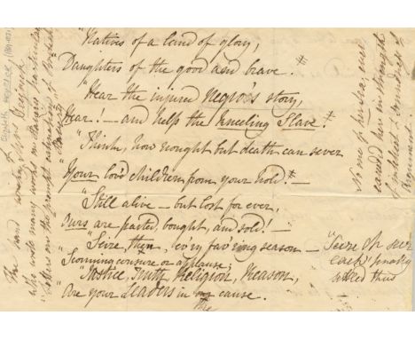 HEYRICK ELIZABETH: (1769-1831) British Philanthropist and Campaigner against the Slave Trade. Portion of a Manuscript Verse, 