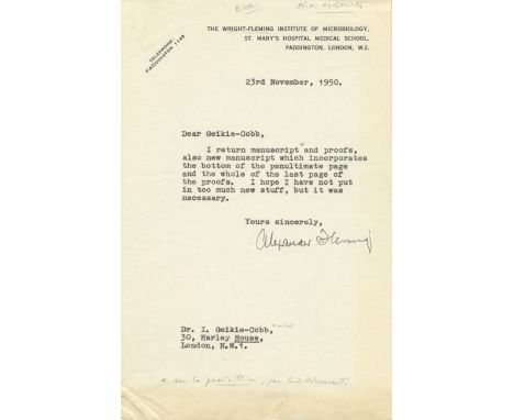 FLEMING ALEXANDER: (1881-1955) Scottish Biologist, Nobel Prize winner for Physiology or Medicine, 1945. T.L.S., Alexander Fle