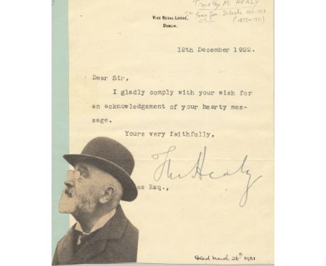 HEALY TIM: (1855-1931) Irish Nationalist Politician. Brief T.L.S., T M Healy, one page, 8vo, Vice Regal Lodge, Dublin, 12th D