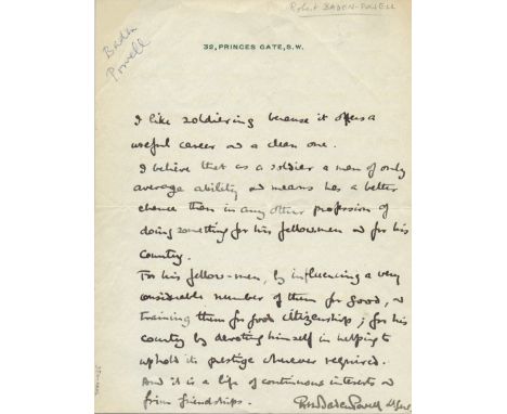 BADEN-POWELL ROBERT: (1857-1941) British Lieutenant General, founder of the Scout movement. A good autograph statement signed