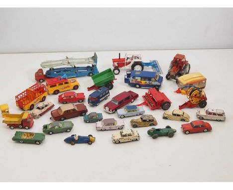 A mixed group of diecast vehicles including playworn examples by DINKY, CORGI and SPOTON together with some agricultural vehi