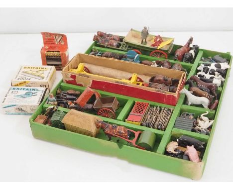 A large group of diecast farm animals, agricultural vehicles and accessories by BRITAINS and CHARBENS - F/G in F/G boxes (whe