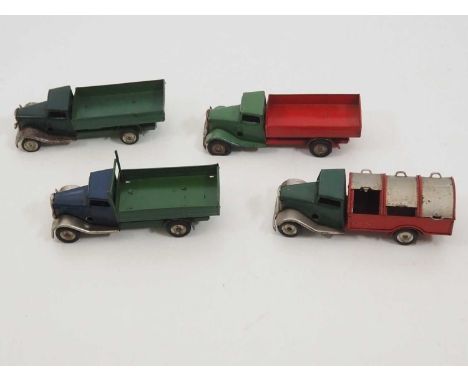 A group of vintage TRIANG MINIC clockwork lorries comprising 3 x open backed examples and a refuse cart - F/G (unboxed) (4)