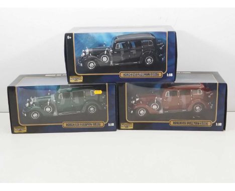 A group of RICKO 1:18 scale diecast cars comprising 3 x Horch 851 Pullmans in black, green and maroon - VG/E in VG/E boxes (3