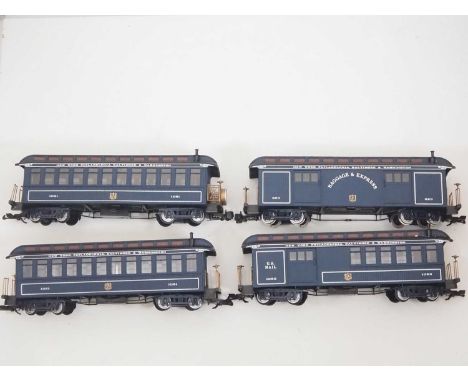 A group of BACHMANN G scale American Outline passenger cars all in New York, Philadelphia, Baltimore & Washington livery, som