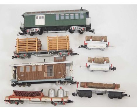 A group of G scale American Outline rolling stock, mostly scratch built on ready to run chassis, some with upgraded metal whe