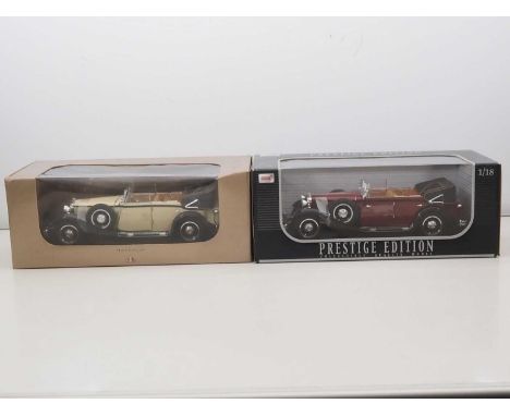 A pair of ANSON 1:18 scale Maybach Zeppelins diecast cars comprising a maroon example in ANSON branded boxing together with a
