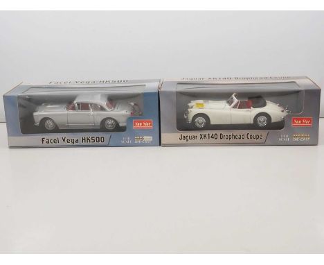 A pair of SUNSTAR 1:18 scale diecast cars comprising a FACEL Vega HK500 together with a Jaguar XK140 Drophead Coupe - VG/E in