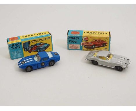 A pair of CORGI diecast cars comprising a 310 Corvette Stingray (repairs to one flap) together with a 324 Marcos 1800GT - VG 
