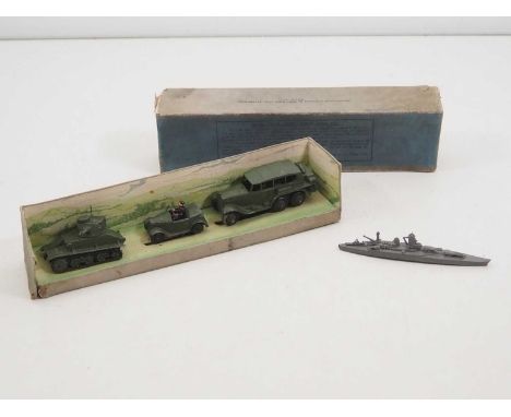 A DINKY pre-war 152 Light Tank set in original box, together with a DINKY 'Dunkerque' ship (unboxed) - F/G in F box (where bo