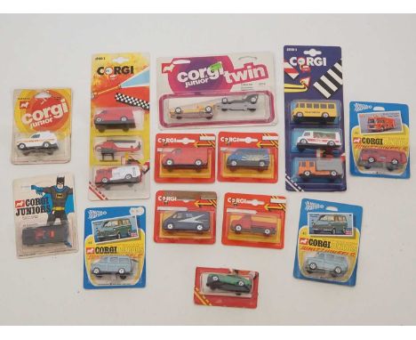 A quantity of CORGI JUNIORS diecast vehicles all on original backing cards to include a Batmobile and several multi packs - V