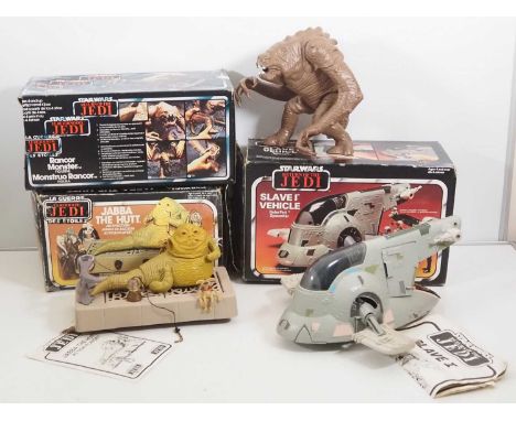 A group of vintage Star Wars (Return of the Jedi) boxed figures and vehicles to include 'Rancor Monster', 'Jabba the Hut' and