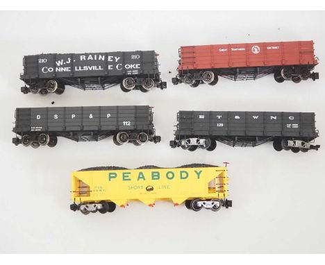 A group of G scale American Outline coal gondola cars in various liveries by BACHMANN all with upgraded running gear - VG (un