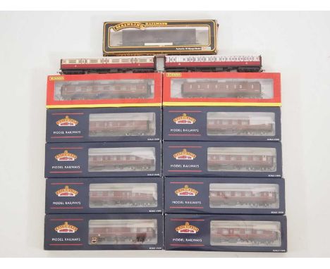 A group of OO gauge, mostly boxed, passenger coaches and a bogie van by BACHMANN, HORNBY and MAINLINE - mostly in BR maroon l