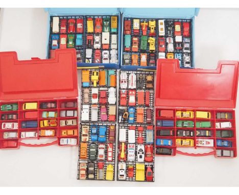 A group of vintage MATCHBOX car carry cases together with associated diecast car content - appears to be mostly MATCHBOX - G 