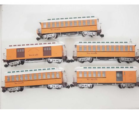 A group of BACHMANN G scale American Outline passenger cars all in Rio Grande livery, some with upgraded running gear - G/VG 