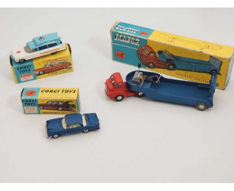 A pair of CORGI diecast cars comprising a 253 Mercedes and a 437 Superior Ambulance (tape repair to one flap) together with a