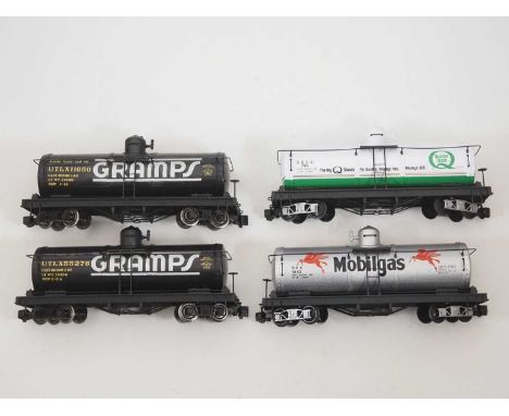 A group of G scale American Outline tank cars by BACHMANN, some with upgraded running gear - VG (unboxed) (4)