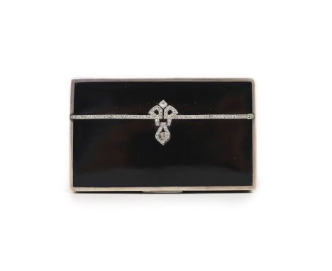 A 1930's silver, black enamel and rose cut diamond set rectangular snuff box, by S.J. Rose &amp; Son,with diamond set thumbpi