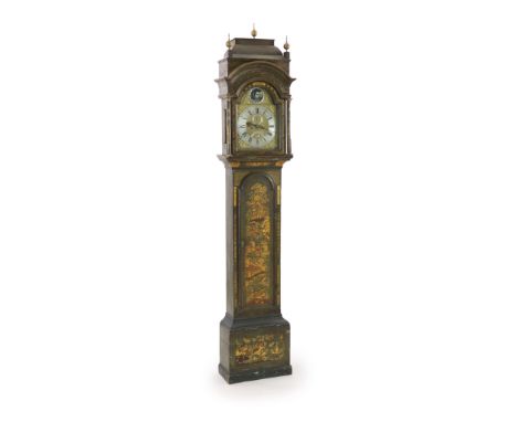 William Pridham of London. A George III green lacquered longcase clock,the 30cm arched brass dial with central automaton insc