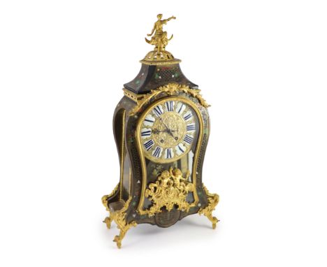 A Louis XV style ormolu mounted boullework mantel clock,surmounted with a figure of Diana, the dial with enamelled tablet num