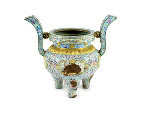 A Chinese Canton enamel tripod censer, Qianlong mark and period (1736-95),finely painted with pale lime green reserves of fru