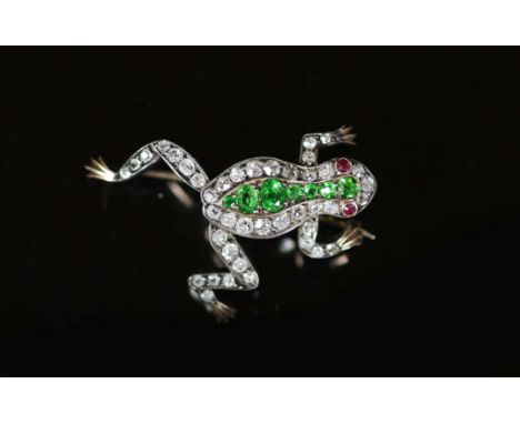 A late Victorian gold and silver, diamond and demantoid garnet cluster set brooch, modelled as a frog,with ruby eyes, 32mm, g