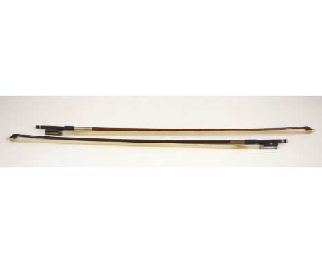 Two violin Bows,The first nickel mounted and stamped P. R. LEBLANC, The second silver mounted but not stamped,Both 74.5 cm lo
