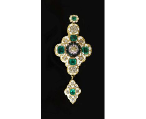 A good Victorian gold, white enamel, emerald and diamond drop pendant,of quatrefoil shape and set with six emerald and cushio