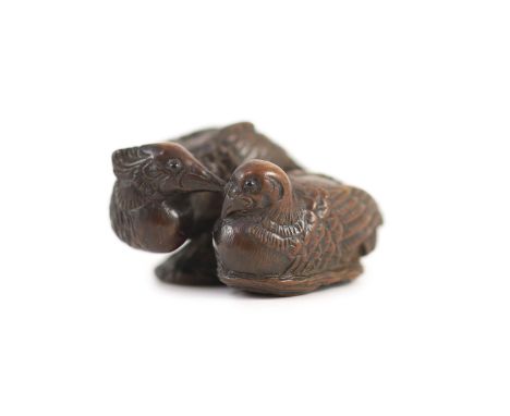 A Japanese wood netsuke of a male and female mandarin duck (oshidori), School of Yamaguchi Okatomo, 19th century,each duck wi
