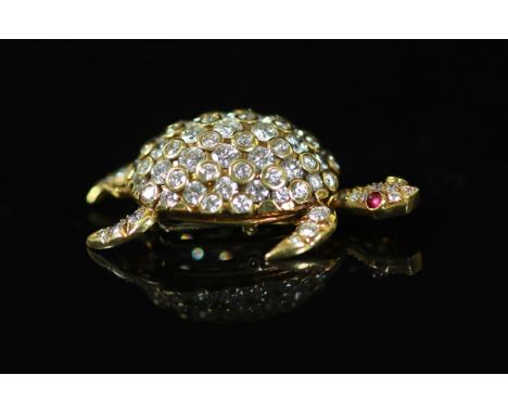 A mid to late 20th century French 18kt gold and pave set diamond clip brooch, modelled as a turtle,with articulated head and 