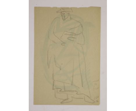 Henri Gaudier-Brzeska (1891-1915) Standing figure wearing a long cloak,  abstract in green watercolour versocharcoal on paper