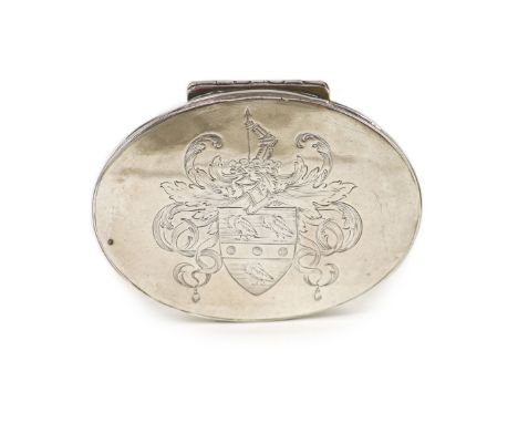 An early George I Britannia standard silver oval snuff box,with hinged cover and ornate engraved armorial, London, 1716, 81mm