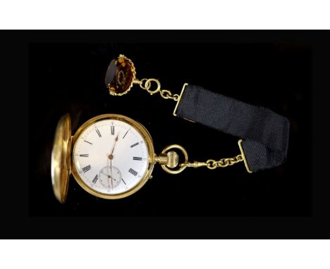 An 18ct gold full hunter keyless lever pocket watch, having white enamel Roman dial with subsidiary seconds dial, engraved mo