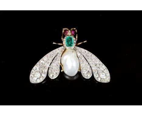 A cased late Victorian gold, baroque pearl, emerald ruby and graduated old mine cut diamond set bee brooch,diameter 49mm, gro