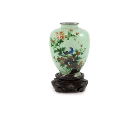 A Japanese plique-à-jour enamel vase, early 20th century,finely worked in silver wire and polychrome enamels with a blue bird