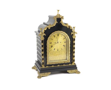 French, Royal Exchange, London. A Victorian ormolu mounted ebonised bracket clock,the shaped lancet case with ormolu foliate 