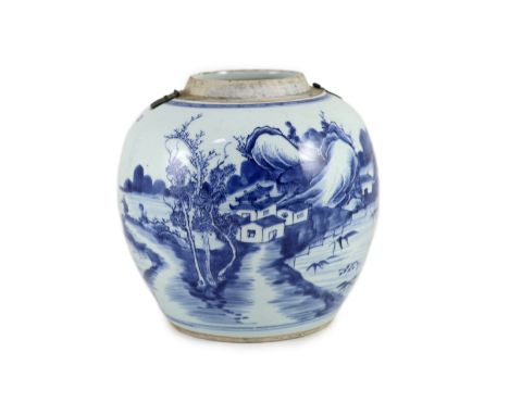 A Chinese blue and white jar and cover, Kangxi period (1662-1722),painted with a mountainous river landscape with a fisherman