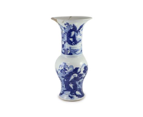A Chinese blue and white yen-yen vase, Kangxi period (1662-1722),Finely painted with sages and other figures in mountainous r